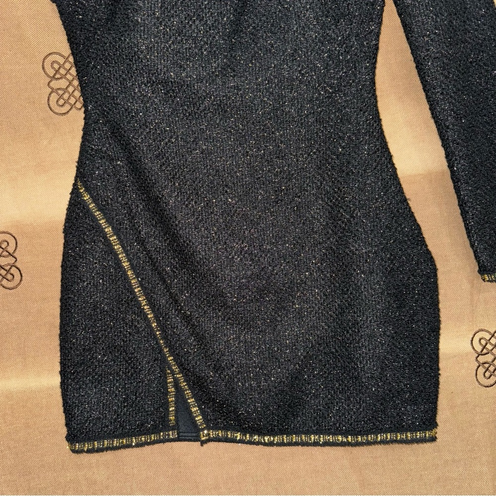 Zara NWT! Black/Gold Asymmetric Textured Shoulder Pad Mini Dress Size S - Picture 3 of 15